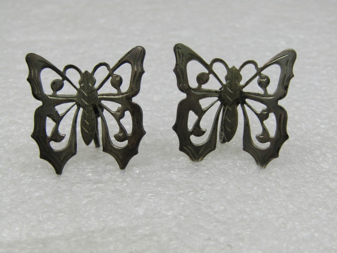 Vintage Sterling Cut-Out Butterfly Earrings, Screwback, 1940's-1950's (1 of 6)