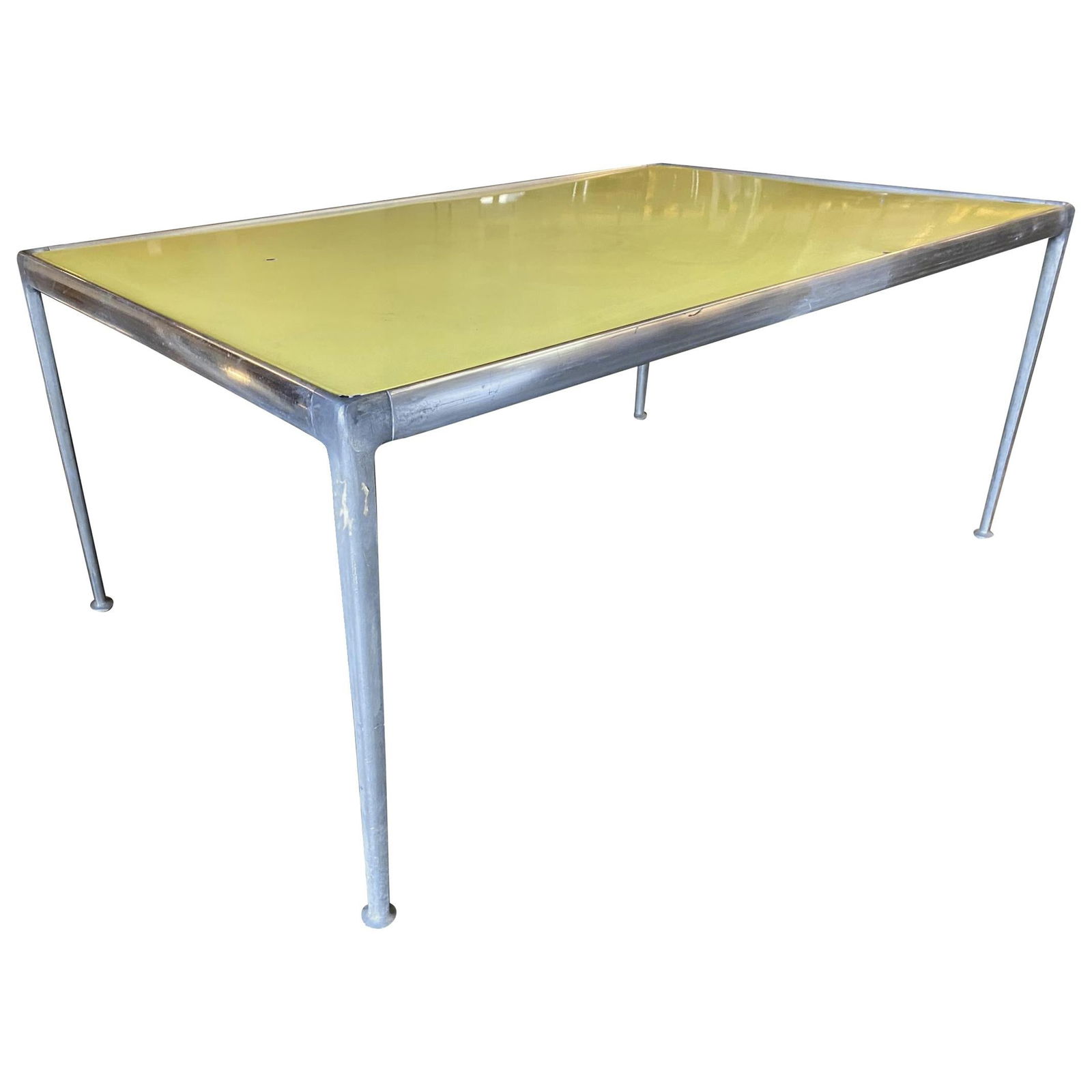 Rare Aluminum Midcentury Dining Table by Richard Shultz, circa 1966: Rare Aluminum Midcentury Dining Table by Richard Shultz, circa 1966 Early Richard Shultz for Knoll outdoor dining table, circa 1966 machined aluminum table base with stunning yellow enamel top. The ta