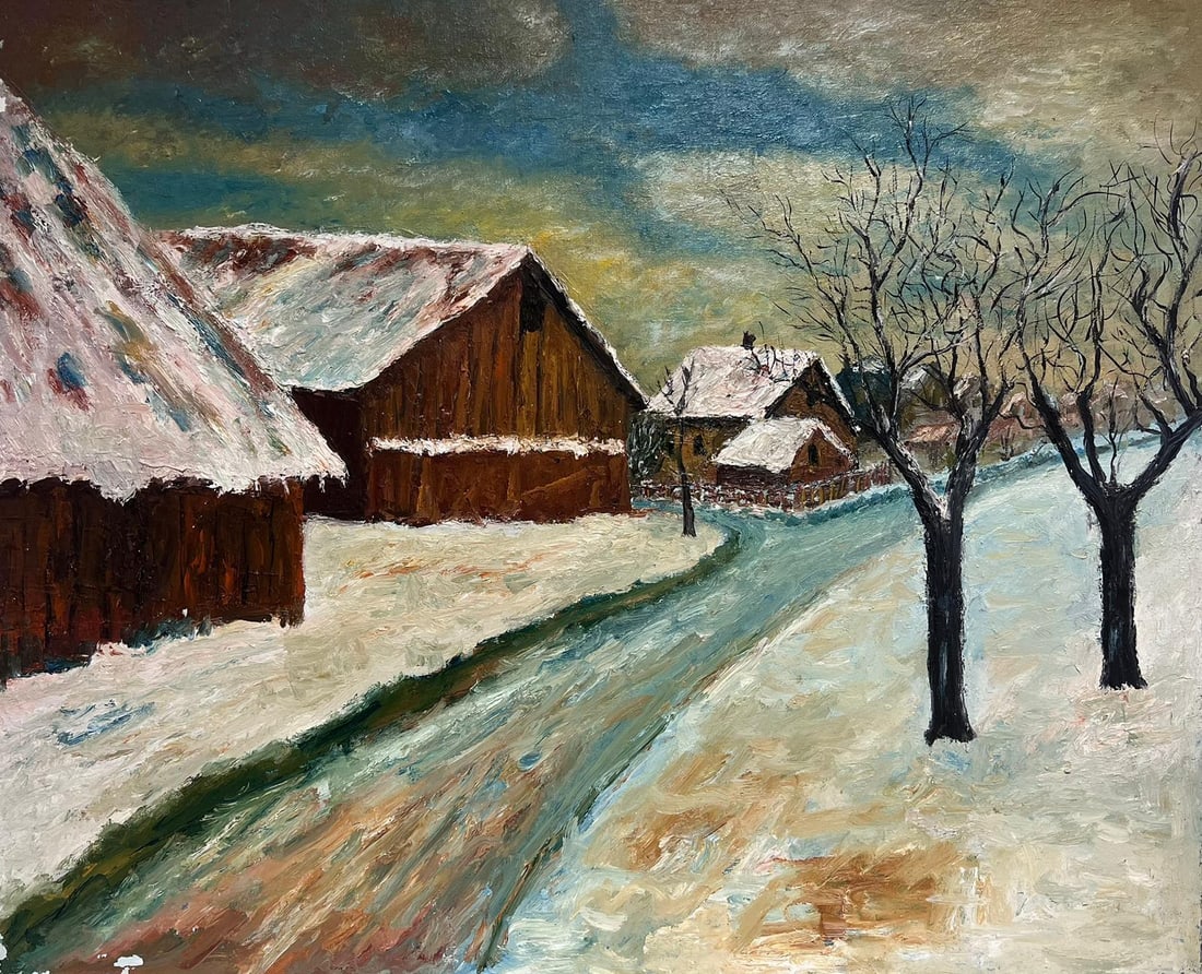 Large 20th Century French Post Impressionist Oil Winter Landscape with Snow c. 1950's (1 of 20)