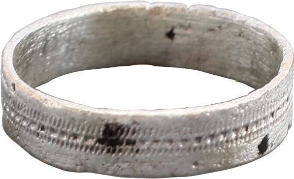 VIKING WOMAN’S WEDDING RING, 850-1050 AD.: Gilt bronze, size 2 1/4 for wear between the first two joints of the small finger as was the custom. 3.5mm flat faced band incised with fine stipple bands flanking a broader, similar band. Crisp with