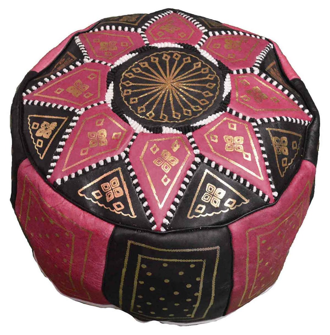 Black Pink Leather Moroccan Handmade Pouf (1 of 1)