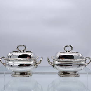 Early 19th Century Antique George IV Sterling Silver Pair Sauce Tureens London 1827 William Brown: Title: Early 19th Century Antique George IV Sterling Silver Pair Sauce Tureens London 1827 William BrownSubtitle: A beautiful pair of plain formed boxed Gadroon decorated Georgian sauce