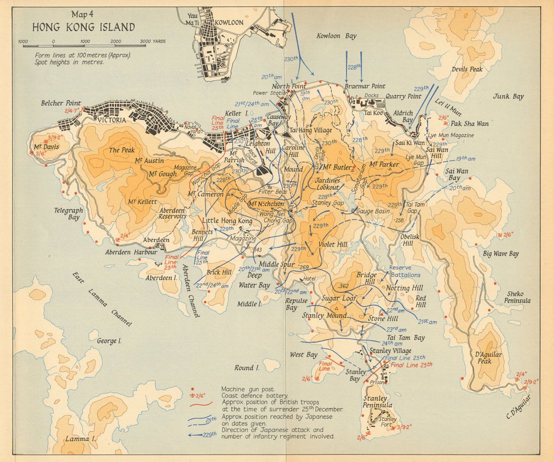 Japanese occupation of Hong Kong Island 20-25th December 1941 1957 old map (1 of 1)