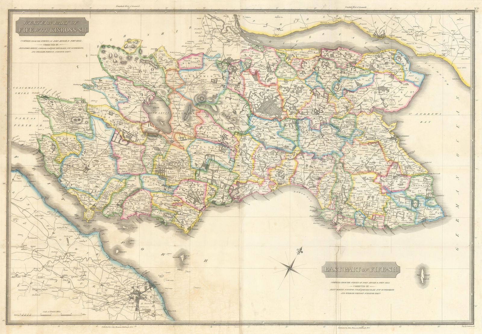 Fife & Kinross-shire. Dunfermline Kirkcaldy St Andrews Cupar. THOMSON 1832 map: Title: Fife & Kinross-shire. Dunfermline Kirkcaldy St Andrews Cupar. THOMSON 1832 map Description: Western part of Fife with Kinross-sh. // East part of Fife-sh.' by Published by John Thomson. Engrave
