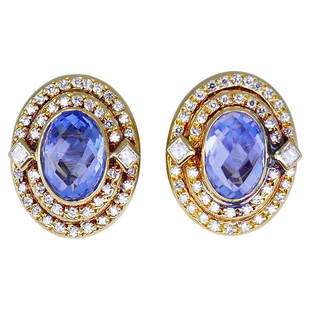 Faraone Vintage Earrings 18k Gold Sapphire Diamond Italian Estate Jewelry: A gorgeous pair of sapphire and diamond earrings made of 18k gold, signed by Faraone. Designed as classic oval clip-on, these vintage gold earrings with beautiful sapphires in the center are