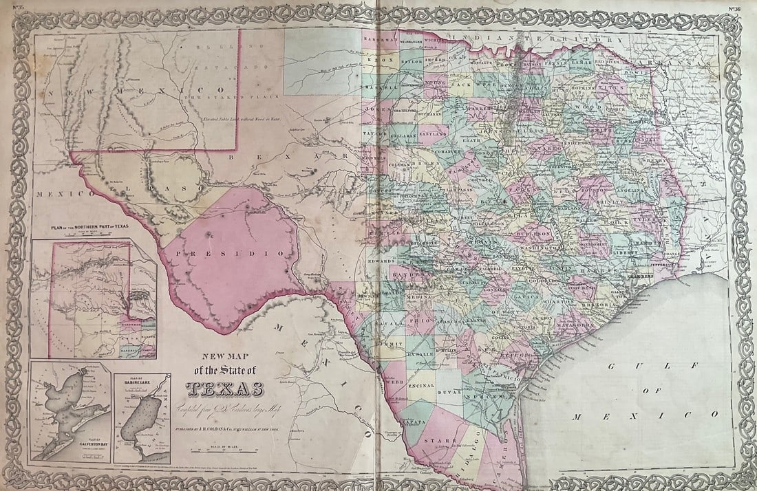 1859 Map of Texas. By Colton: Title: 1859 Map of Texas. By Colton Date/Period: 1859 Materials: Hand colored steering engraved Size: 17 1/2 x 14 1/2” Texas right before the civil war, inserts the northern part of the state, G