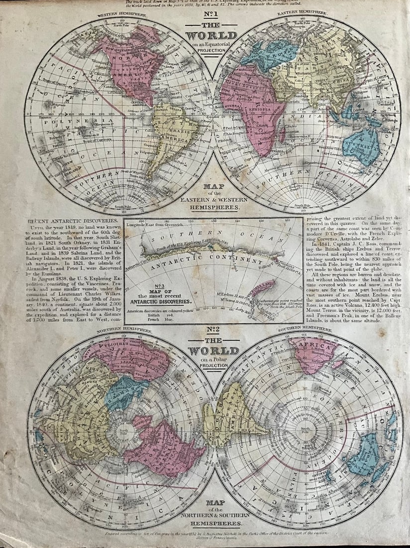1856 World Map on Polar Projection with Antarctica Explorations by Mitchell (1 of 4)