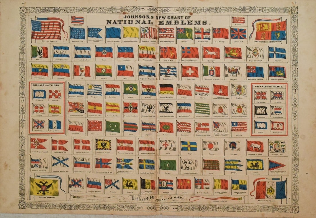 1866 Johnson Chart of National Flags -- Johnson's New Chart of National Emblems: Title: 1866 Johnson Chart of National Flags -- Johnson's New Chart of National Emblems Cartographer: Johnson and Ward Year / Place: 1866, New York Map Dimension (in.): 17 X 23.2 in. This chart illustr
