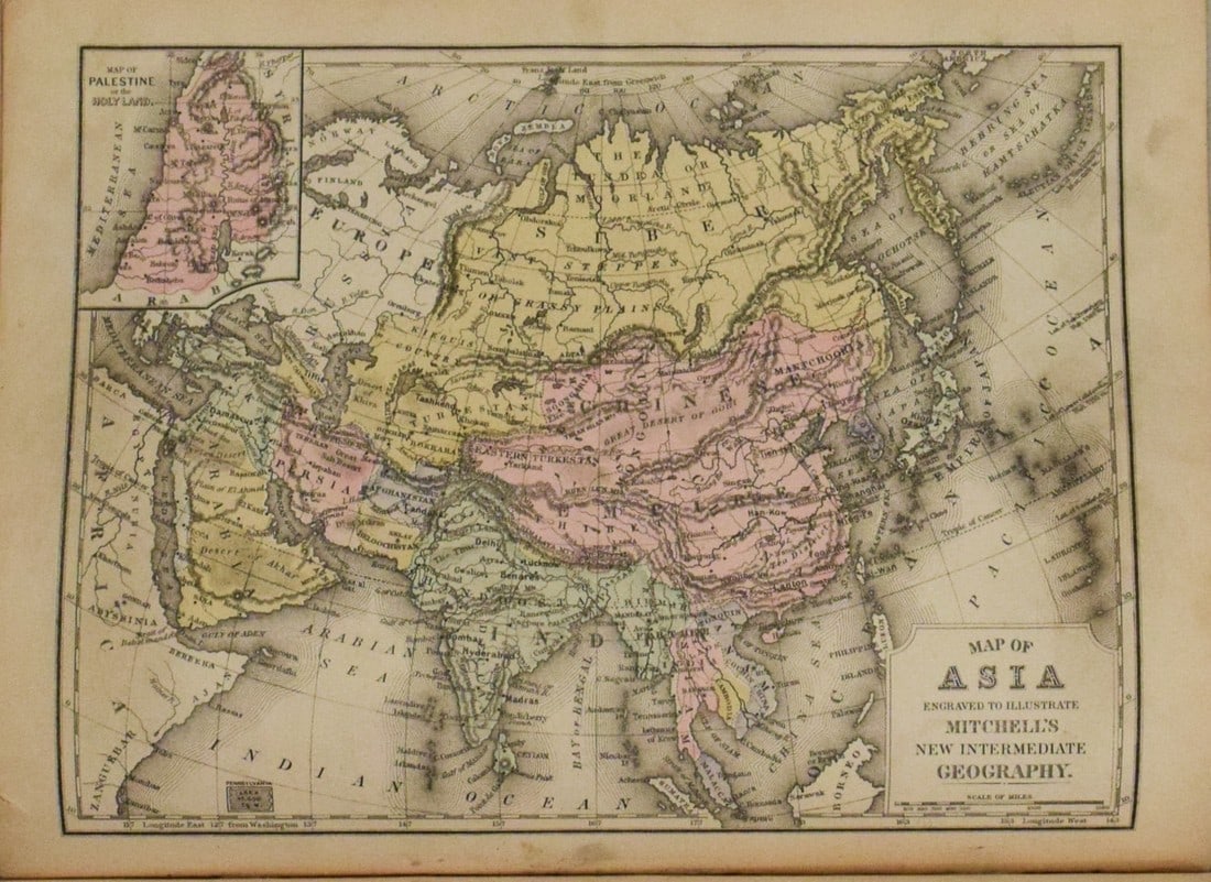1891 Mitchell Map of Asia -- Map of Asia…: Title: 1891 Mitchell Map of Asia -- Map of Asia… Cartographer: S Mitchell Year / Place: 1891, Philadelphia Map Dimension (in.): 8.2 X 10.6 in. This is an excellent map of Asia. Inset is Palestin