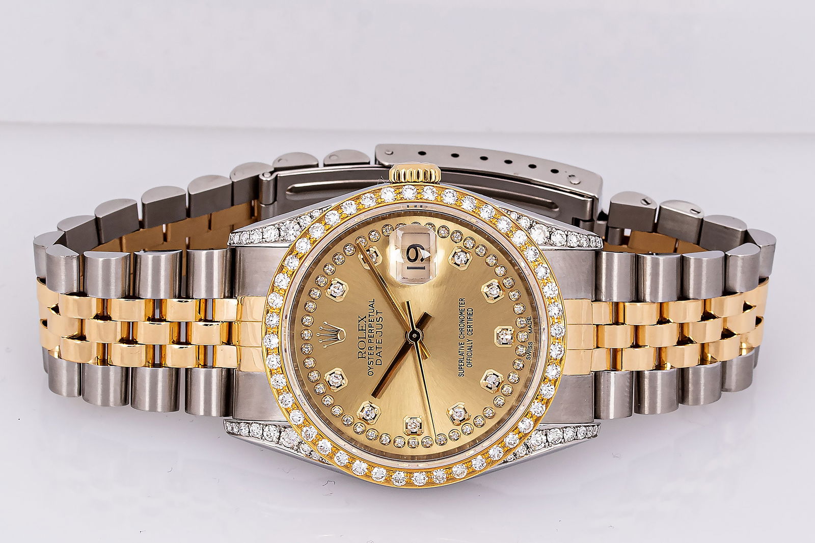 Rolex Mens Datejust 36mm Steel and 18K Gold Champagne String Diamond Dial Watch (1 of 10)
