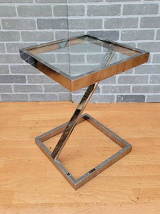 Mid Century Modern Pace Collection Z Side End Table in Chrome and Glass: Vintage from the 1970s Materials: metal, chrome, glass Width: 14 inches Height: 20 inches Depth: 14 inches Description Mid Century Modern Pace Collection Z Side End Table in Chrome and Glass Sleek and