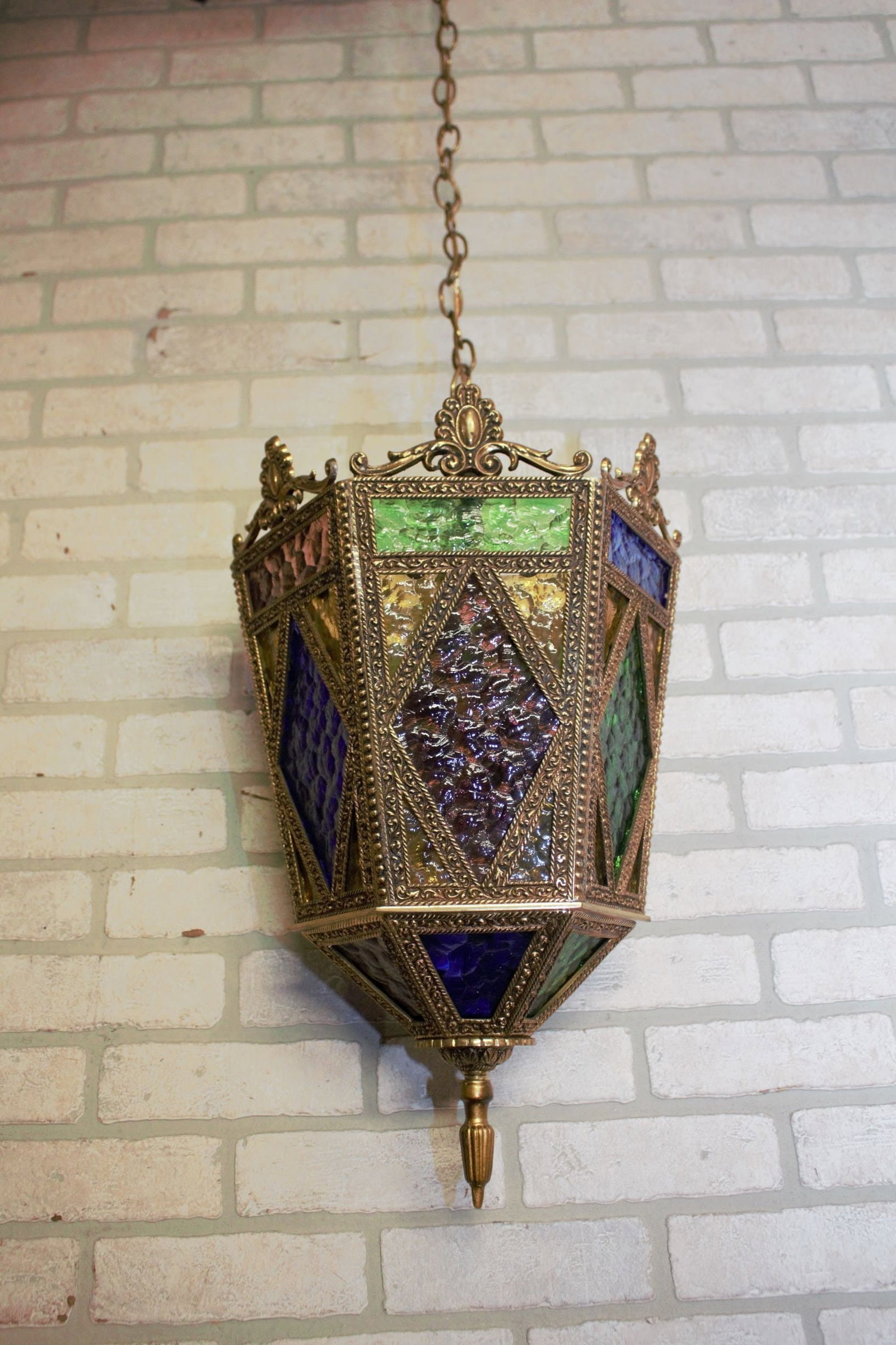 Vintage Bohemian Moroccan Colored Glass Lantern Hanging Pendant Light (1 of 9)