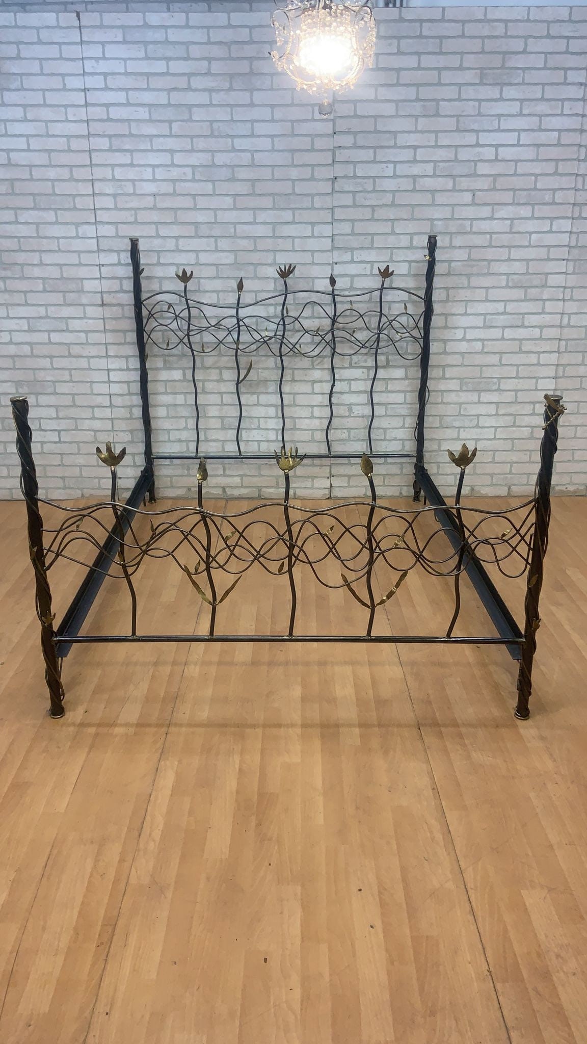 Vintage Modern Whimsical Hand Forged Steel & Brass Queen Bed Frame: Vintage from the 1970s Materials: steel, brass, metal Bed size: queen us/ca Width: 61.5 inches Height: 56 inches Depth: 85 inches Description Vintage Modern Whimsical Hand Forged Steel & Brass Queen B