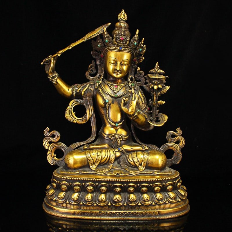 Tibetan Buddhism Gilt Gold Bronze Inlay Gem Tara Buddha Statue (1 of 1)