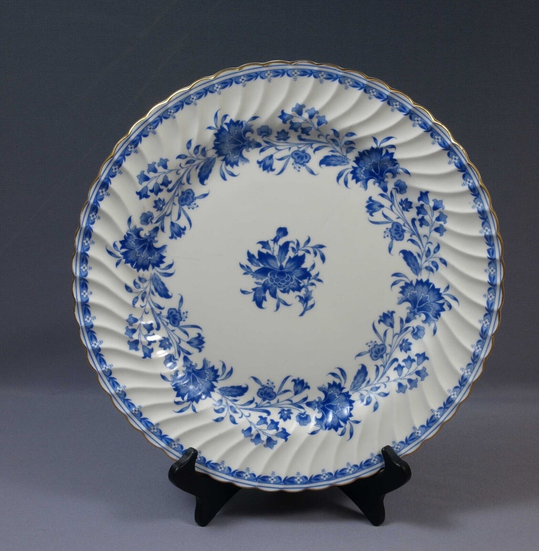 Minton Hardwicke Hall Chop Plate Cake Platter Dish Tray England 11 3/4" Vintage: This is one gorgeous Bone China Chop Plate/Cake Tray in Hardwicke Hall pattern by Minton - Made in England. The pattern is with swirling shape, blue leaves and flowers and gold rim. It is properly mar