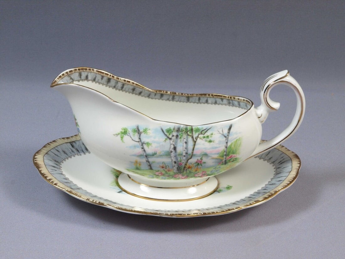 Royal Albert Silver Birch Gravy Boat Sauce Under Plate England Hard to find (1 of 4)