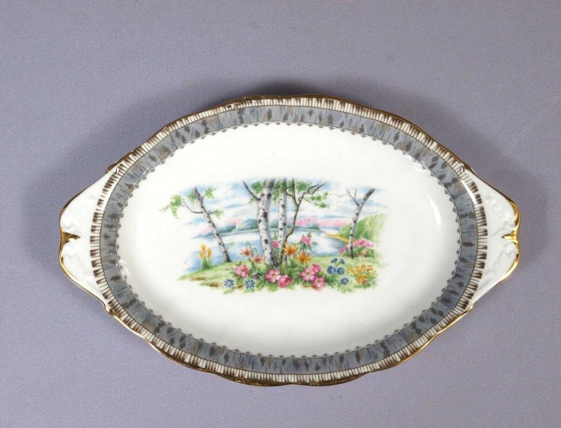Royal Albert Silver Birch small Oval Serving Dish Tray Bone China England: This is a small Oval Serving Dish/Tray from the famous Silver Birch Collection. The dish is made by Royal Albert in England. It is properly marked with Royal Albert back stamp. The pattern has been ma