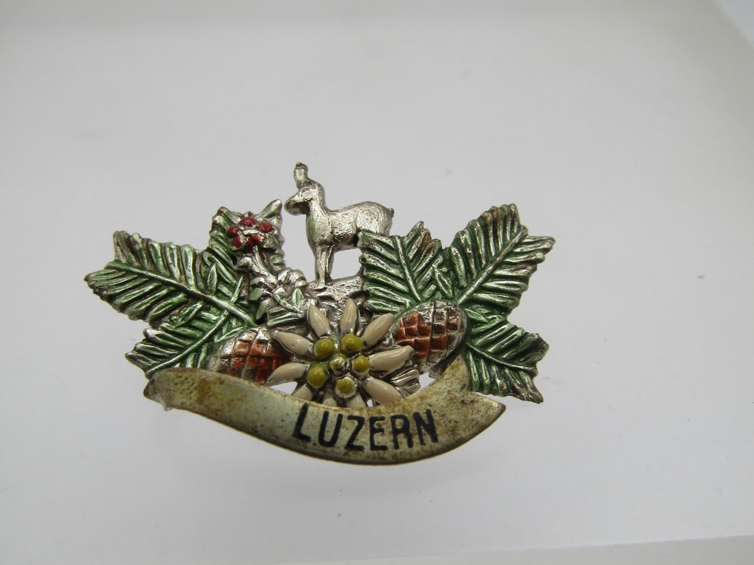 Vintage Luzern Enameled Souvenir/Collector's Brooch, German, 1940's-1950's: Vintage Luzern Enameled Souvenir/Collector's Brooch, German, 1940's-1950's. Silver tone pine branches with ancorns and berries and an Edelweiss enameled blossom with a banner at the bottom wrapping ar