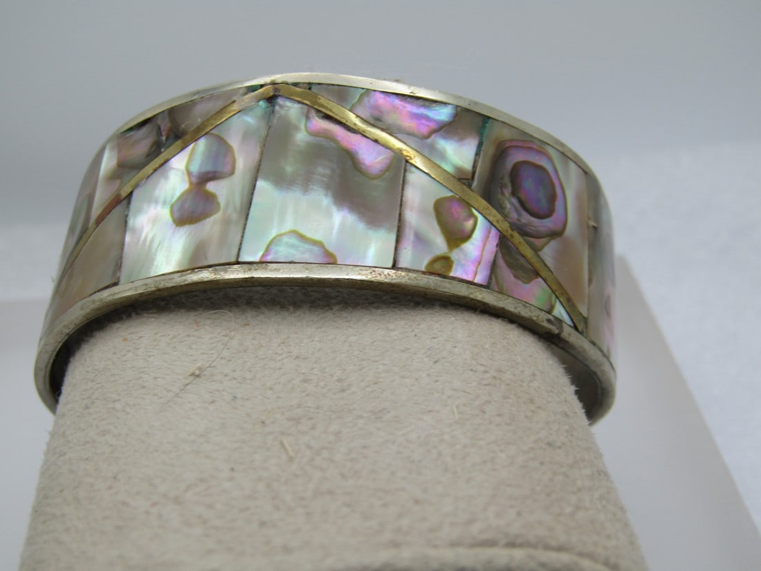Vintage Inlaid Abalone Cuff Bracelet, 7.75", Alpaca, Mexico, 1960's-1970's (1 of 6)