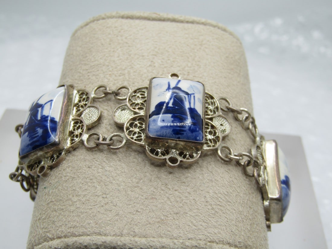 Vintage .800 Silver Delft Bracelet, 7.5", 1940's-1950's, Signed Delft (1 of 8)