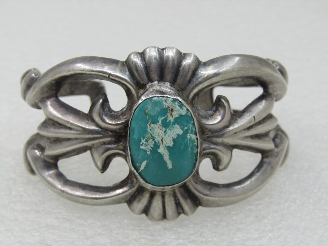 Vintage Sterling Southwestern Turquoise Sand Cast Cuff Bracelet, 6", 54.50gr. (1 of 7)