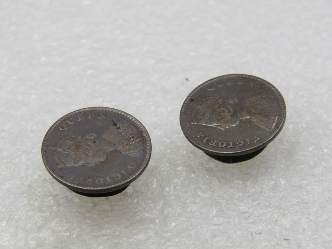Antique Sterling India Victoria Queen Cufflinks/Studs, 1876 Coin One Rupee Coin (1 of 5)