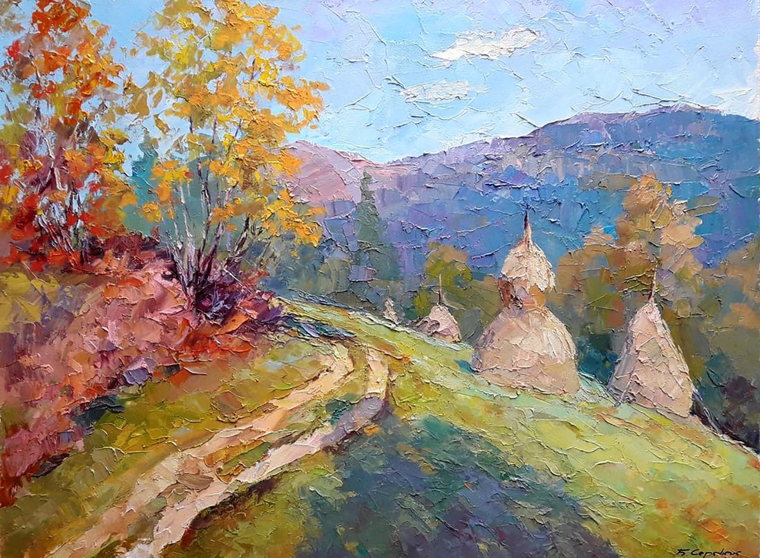 Oil painting Stacks Serdyuk Boris Petrovich: Lot Description: №SERB 866 The oil painting depicts a serene autumn morning in a mountainous region, capturing the natural beauty and tranquility of the landscape. The foreground showcases a win