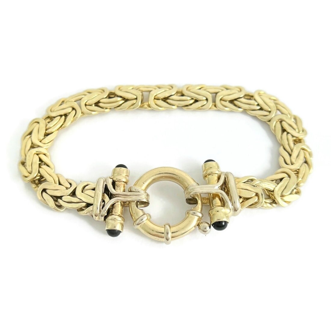 Vintage Cabochon Black Onyx Byzantine Bracelet 14K Yellow Gold, 20.37 Gram (1 of 8)