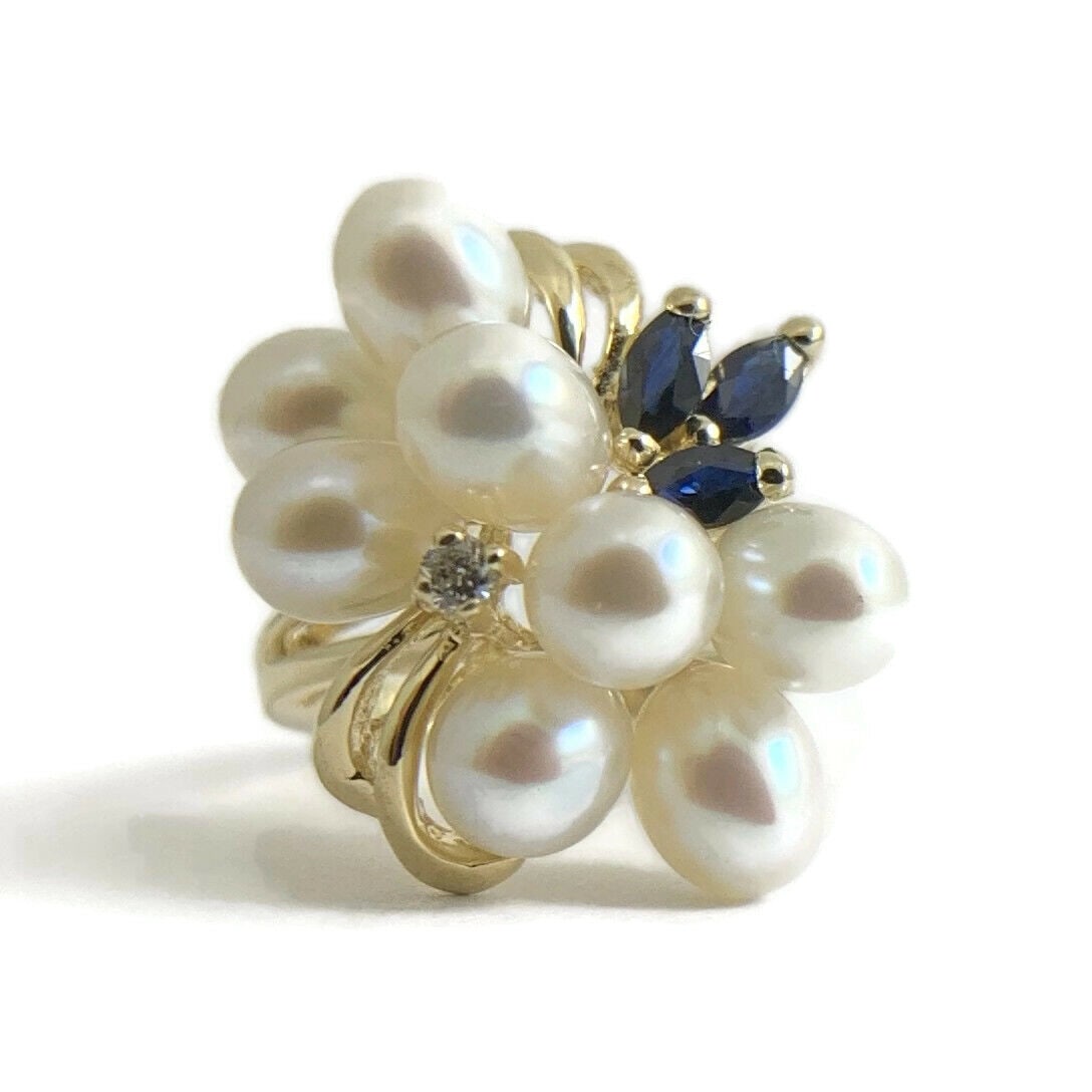 Baroque Pearl Sapphire Diamond Cluster Cocktail Ring 14K Yellow Gold, 4.81 Grams (1 of 11)