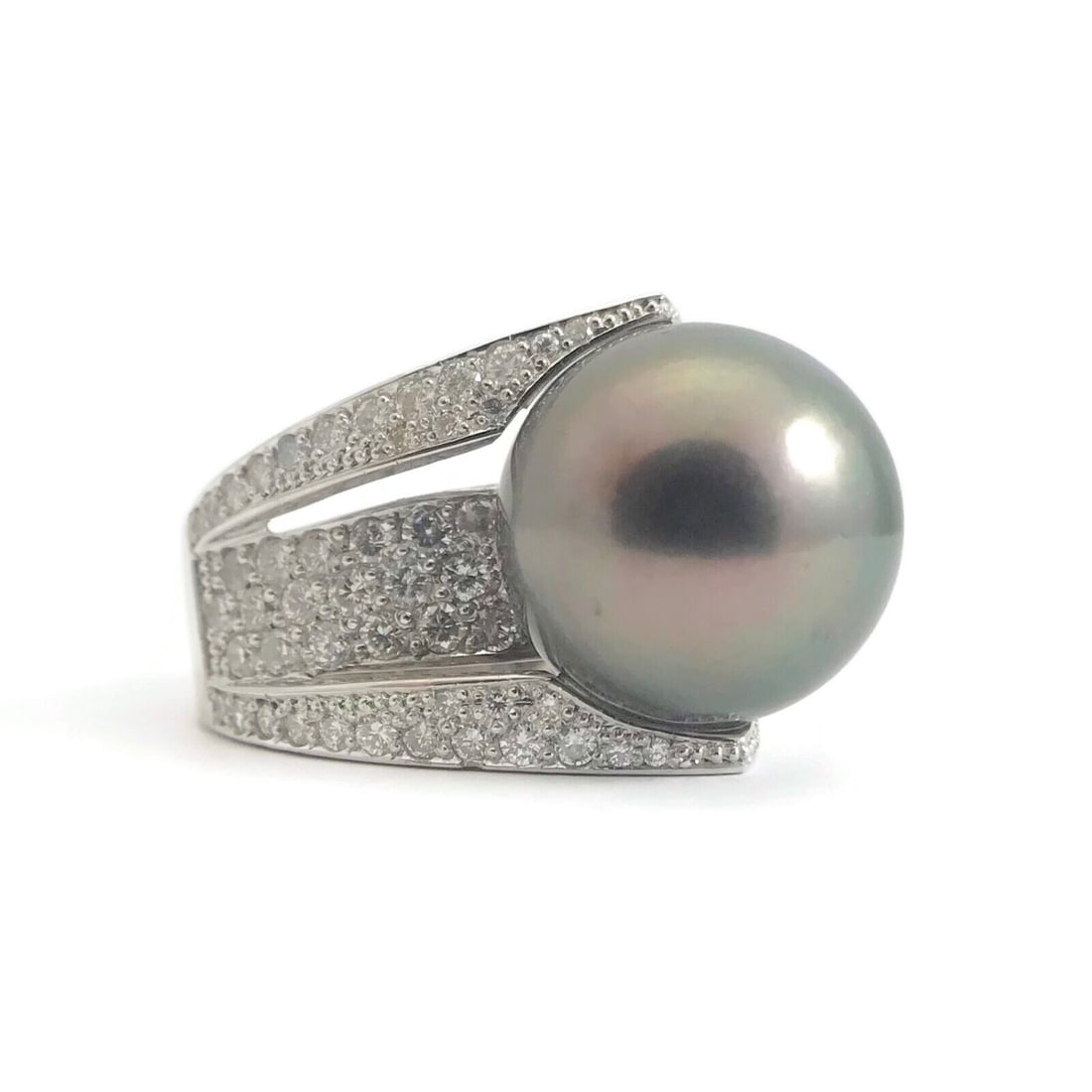 Vintage Large Black Pearl Diamond Cocktail Ring 14K White Gold 2.20 CTW, 17.4 Gr (1 of 12)