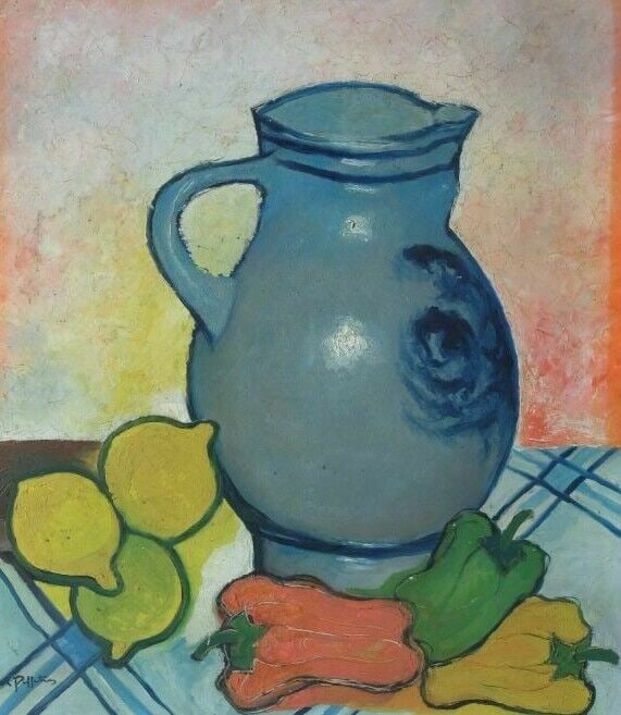 Vintage Original Painting Oil Still Life with a Pitcher, Peppers and Lemons: Painting Oil Still Life with a Pitcher, Peppers and Lemons Description Oil on wood 46 x 55 cm ref: 07071834 Reserve: $170.00 Shipping: Domestic: Flat-rate of $45.00 to anywhere within