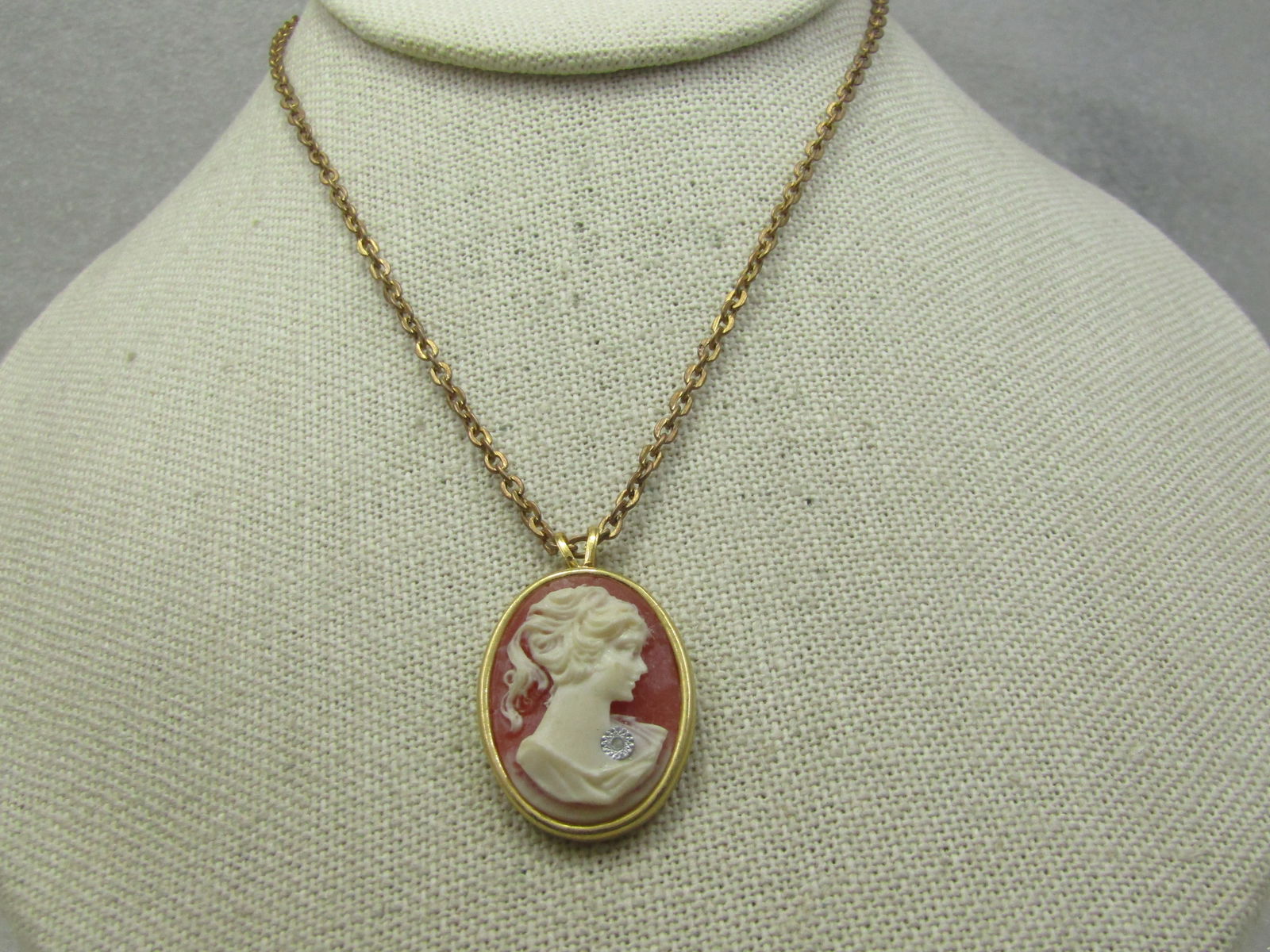 Vintage Cameo Necklace with Faux Diamond, 18", 1950's-1960's (1 of 8)