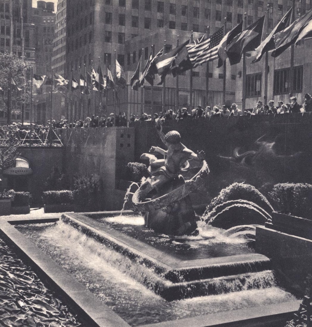 JEAN-JACQUES LANGUEPIN - The Promethee Fountain: Artist: JEAN-JACQUES LANGUEPIN Print Title: The Promethee Fountain, NY, Prometheus is a 1934 gilded, cast bronze sculpture by Paul Manship, located above the lower plaza at Rockefeller Center in Manha