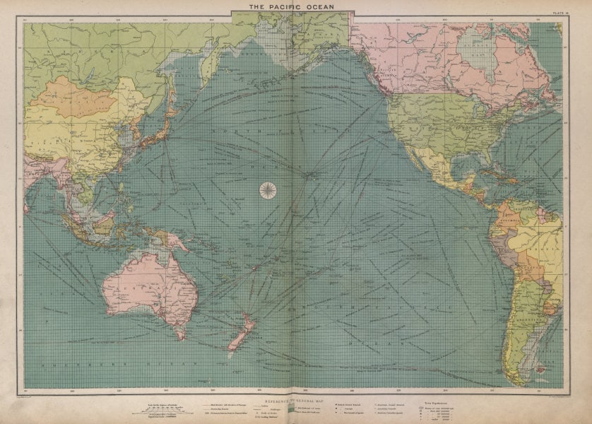 Pacific Ocean sea chart. Ports lighthouses mail routes dockyards LARGE 1916 map (1 of 2)