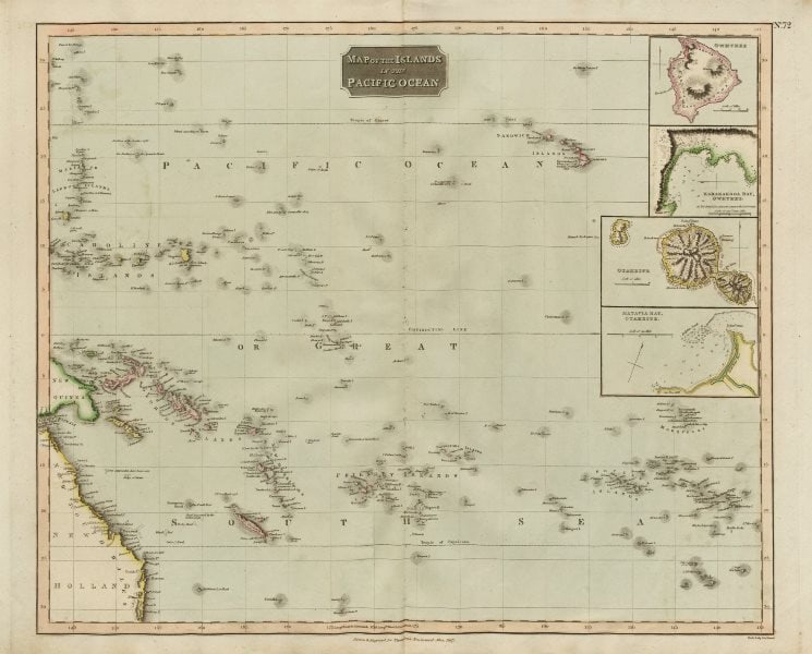 Islands in the Pacific Ocean. Owhyhee/Hawaii Otaheite/Tahiti. THOMSON 1817 map: Map of the islands in the Pacific Ocean. Owhyhee. Karakakooa Bay, Owhyhee. Otaheite. Matavia Bay, Otaheite' by Drawn & engraved by Samuel John Neele for John Thomson's "New General Atlas" (Published i