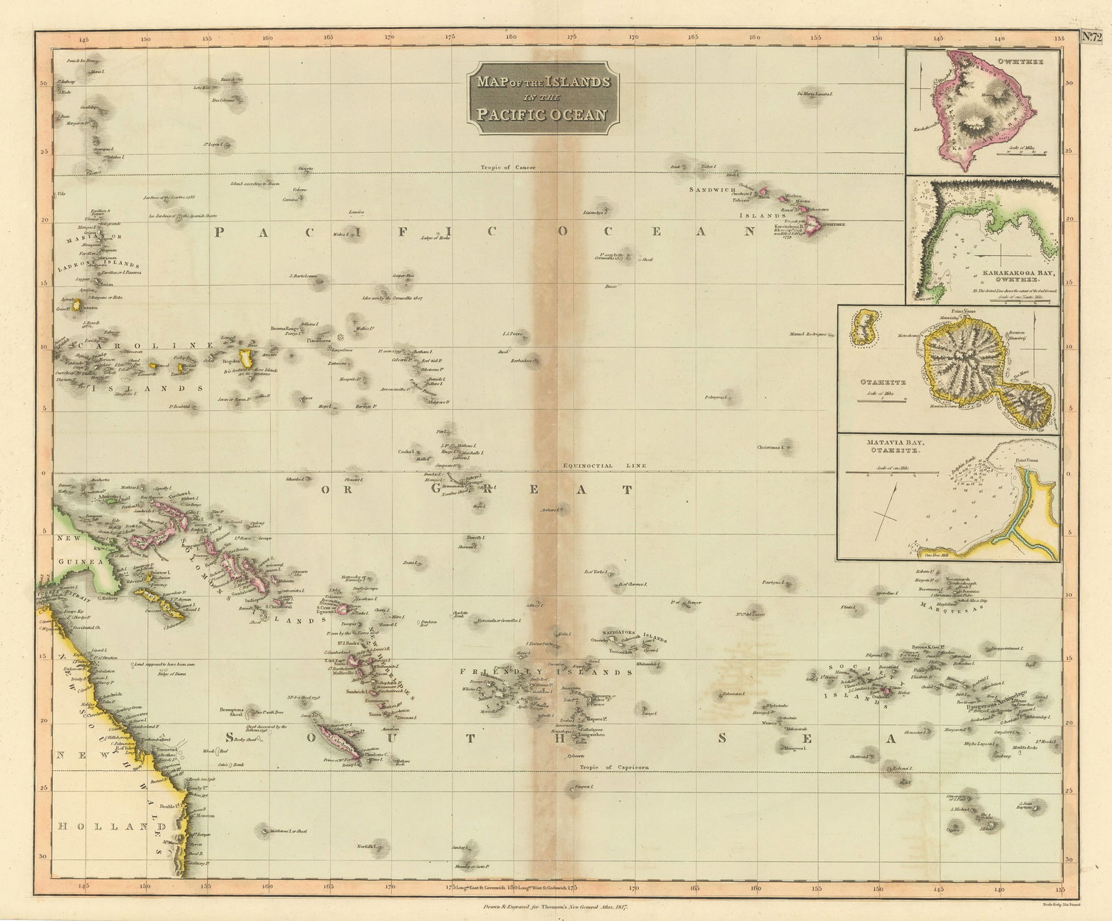 Islands in the Pacific Ocean. Owhyhee/Hawaii Otaheite/Tahiti. THOMSON 1817 map: Map of the islands in the Pacific Ocean. Owhyhee. Karakakooa Bay, Owhyhee. Otaheite. Matavia Bay, Otaheite' by Drawn & engraved by Samuel John Neele for John Thomson's "New General Atlas" (Published i