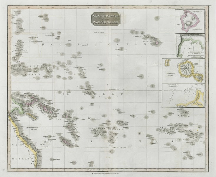 Islands in the Pacific Ocean. Hawaii. Phantom Jardines islands. THOMSON 1830 map: Map of the islands in the Pacific Ocean // Owhyhee // Karakakooa Bay, Owhyhee // Otaheite // Matavia Bay, Otaheite' by Drawn & engraved by Samuel John Neele for John Thomson's "New General Atlas" (183