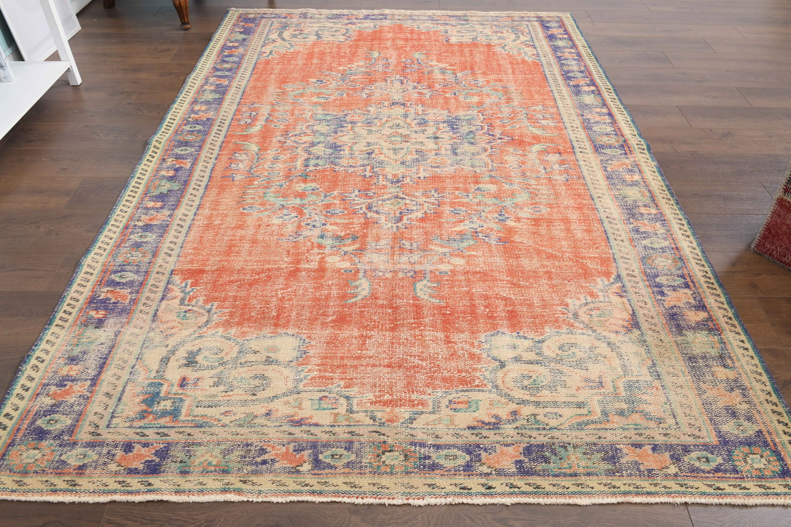 6'2x9'3 ft CORAL ORANGE Turkish Minimalist Area: Title: 6'2x9'3 ft CORAL ORANGE Turkish Minimalist Area Origin: Turkey Date/Period: 1960 - 1970 Materials: Wool And Cotton Size: Width: 6.2 feet Length: 9.3 feet Description: This Turkish one-of-a-kind