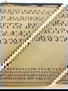 1927 PASQUERELLA AND MADONNA BABETTA by GIOVANNI BOCCACCIO illustrated: New York: Biblion Society/The Golden Hind, 1927. Limited edition. Hard Cover. Dust jacket With some unpublished sketches by Aubrey Beardsley. Size 8 1/3 by 11 1/4" Very good interior, worn binding. Th