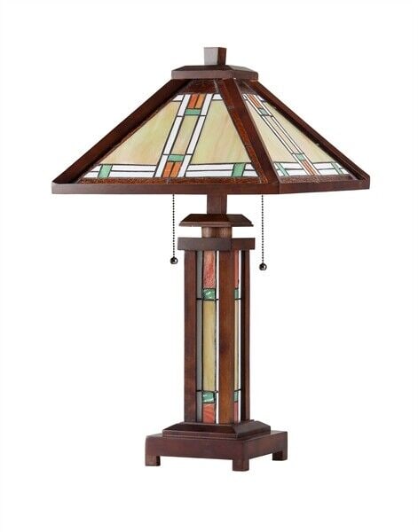 25.6 3 light Stained Glass Wood Mission Table Lamp (1 of 2)