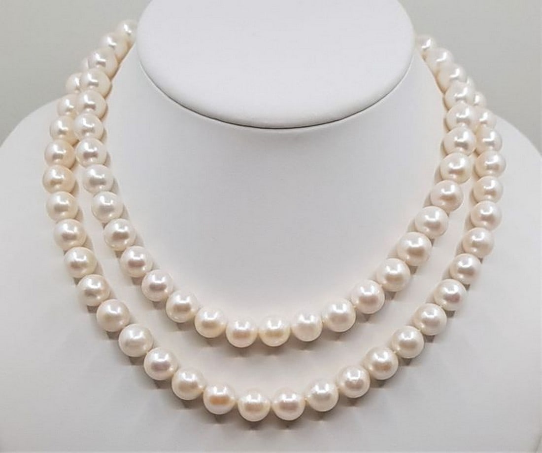 925 Silver - 10x11mm White Cultured Pearls - Long Necklace (1 of 8)