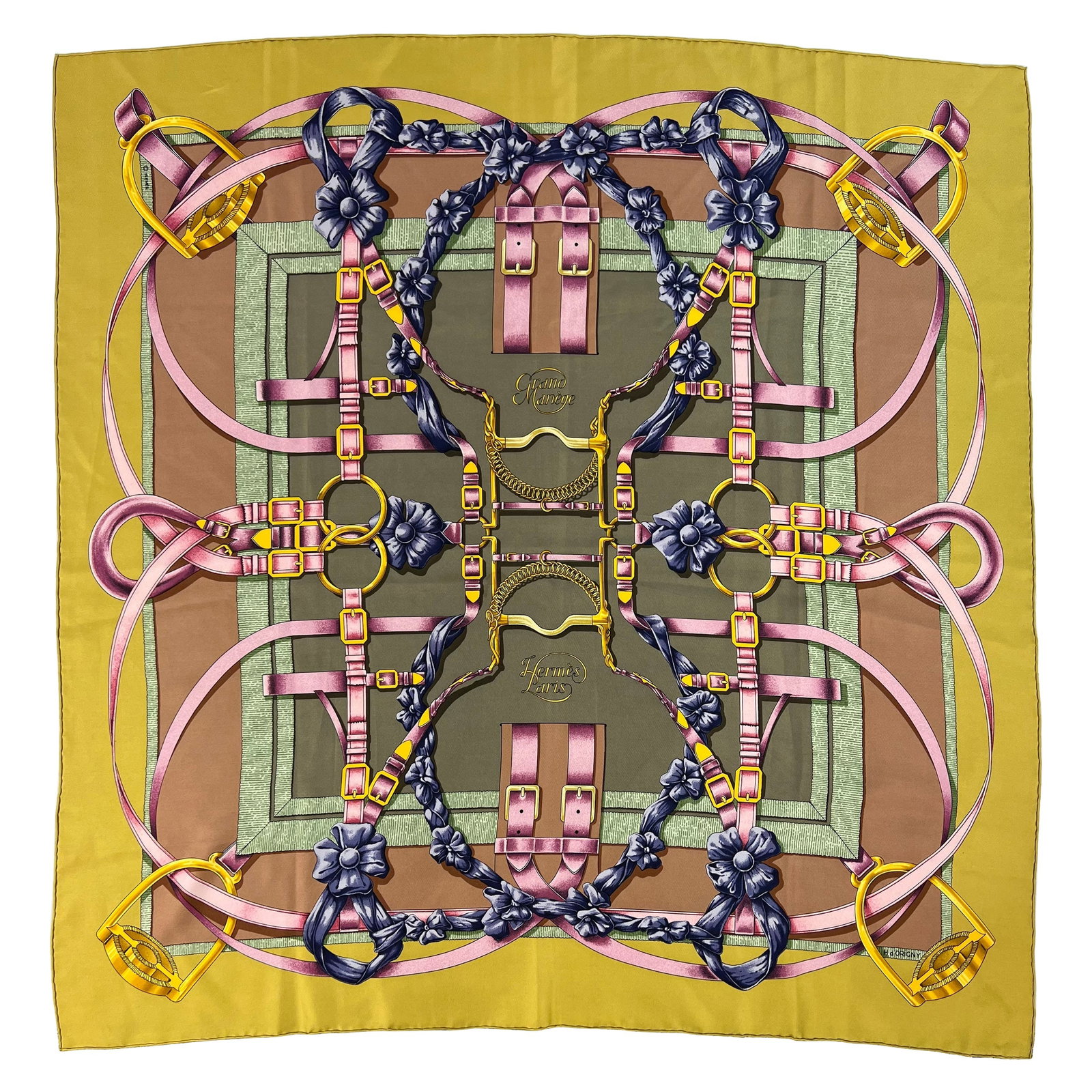 Vintage Hermès Paris Henri d’Origny Grand Manege Silk Scarf 90 CM: Title: Vintage Hermès Paris Henri d’Origny Grand Manege Silk Scarf 90 CM Description: The scarf is designed by Henri d’Origny in 1990’s. It features yellow, green, pink and navy