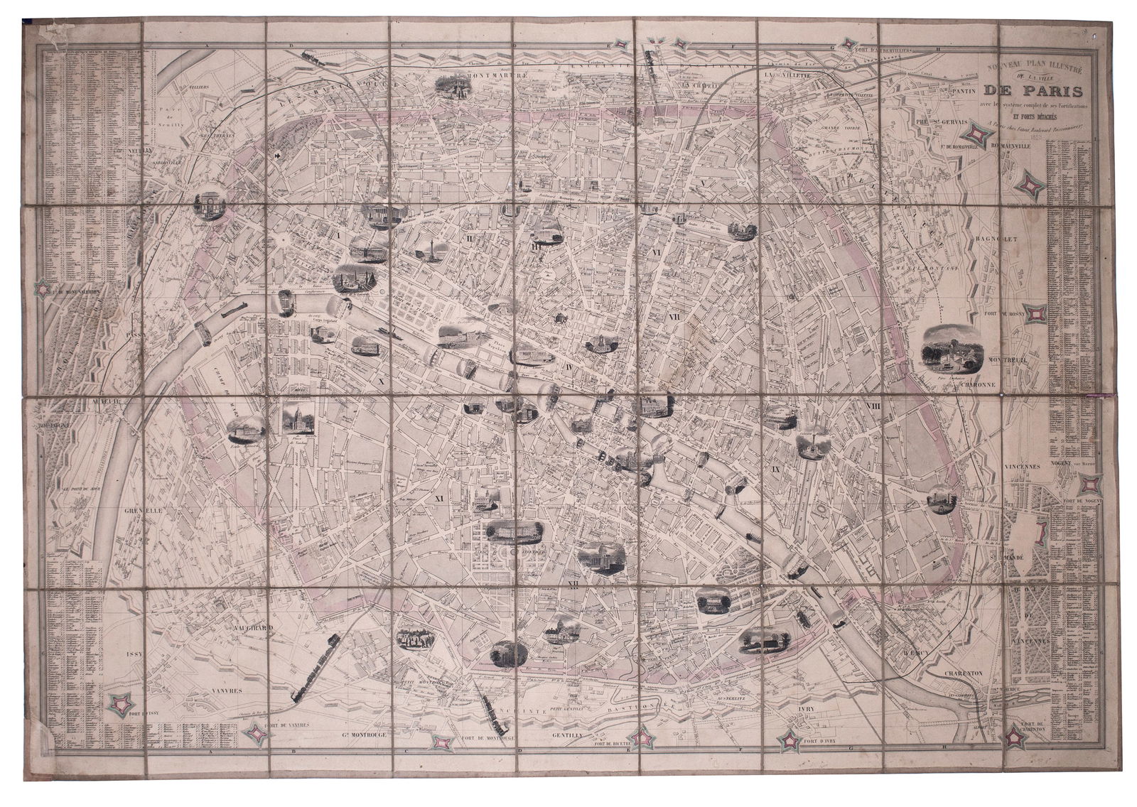 1853 FRENCH ANTIQUE MAP OF PARIS Fatout Vuillemin on linen backing (1 of 5)