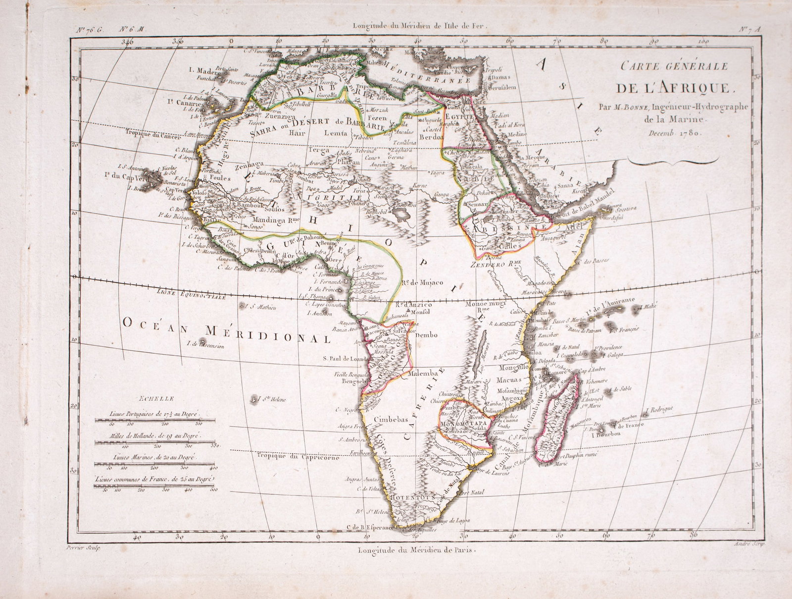 French map of Africa published by Bonne 1780: Rigobert Bonne (6 October 1727 â€“ 2 September 1794) work represents an important step in the evolution of the cartographic ideology away from the decorative work of the 17th and early 18th centu