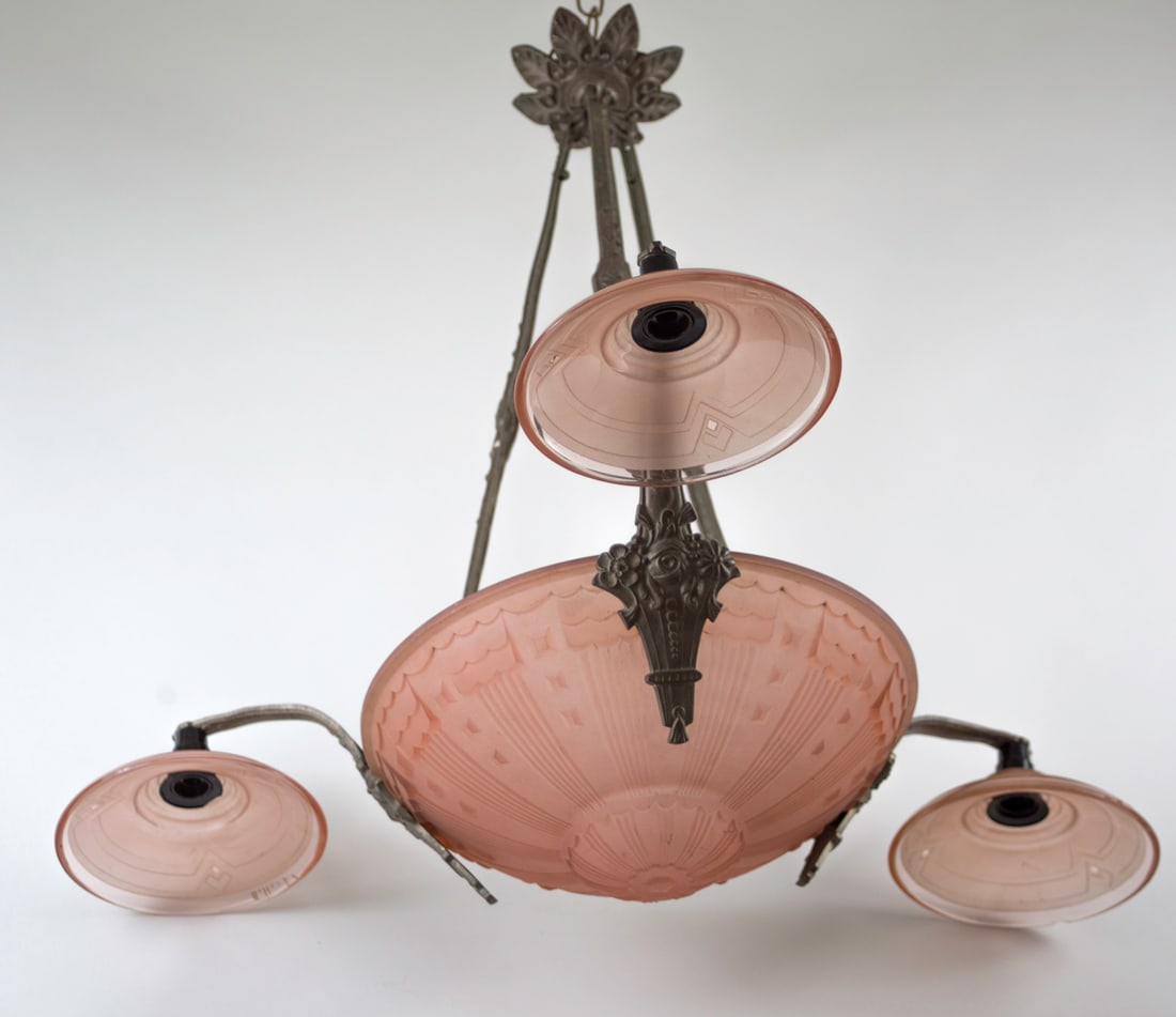 FRENCH ART DECO CHANDELIER MOLDED pressed GLASS MULLER CUBIST HALL LIGHT (1 of 7)