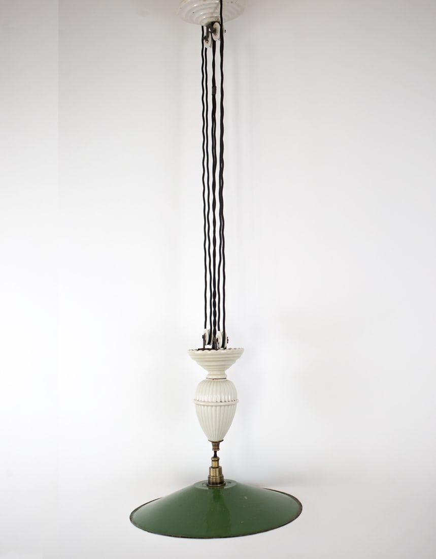 Pull down Kitchen/dining room light French Art Deco: Pull down with ceramic weight and ceramic pulley , you pull down or up the center weight to light a table .It was manufactured in France during the art deco period , the reflector is enameled metal. R