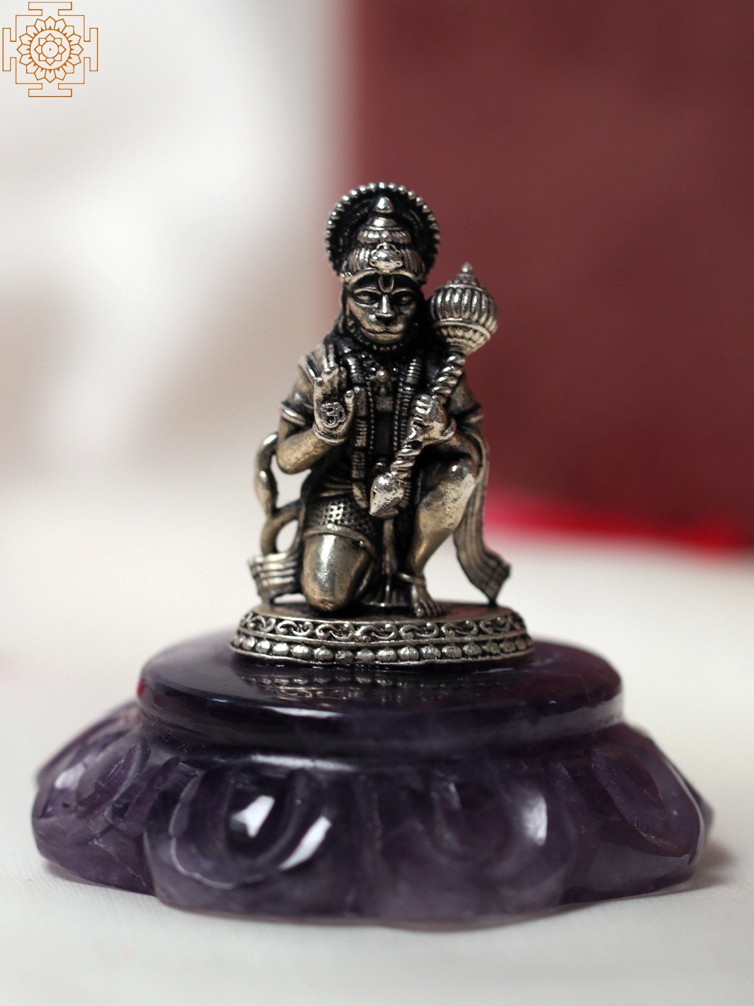2" Small .999 Silver Blessing Lord Hanuman on Amethyst Gemstone Base With Gift Box (1 of 8)