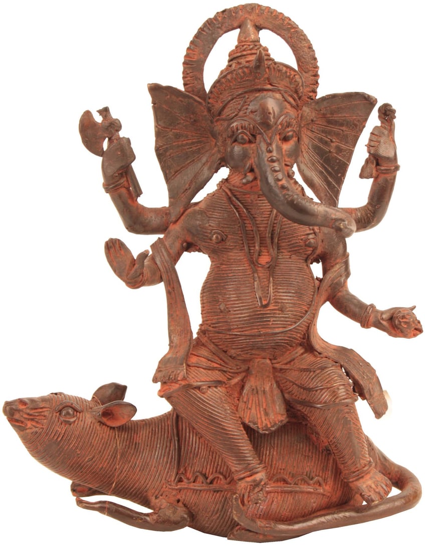 6" Lord Ganesha Riding on His Mouse (Tribal Statue from Bastar) In Brass (1 of 3)