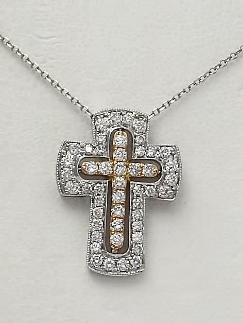 1.00ct PAVE DIAMOND HALO CROSS NECKLACE IN 14k TWO TONE GOLD 16" (1 of 12)