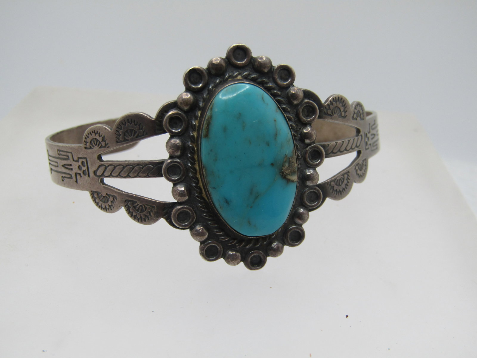 Vintage Sterling Southwestern Turquoise Cuff Bracelet, 1950's-1970's, 6.5", Signed: Vintage Sterling Southwestern Turquoise Cuff Bracelet, 1950's-1970's, 6.5", Signed with a very clear mark under the turquoise stone but the cuff part of the bracelet crosses over that and it cannot be